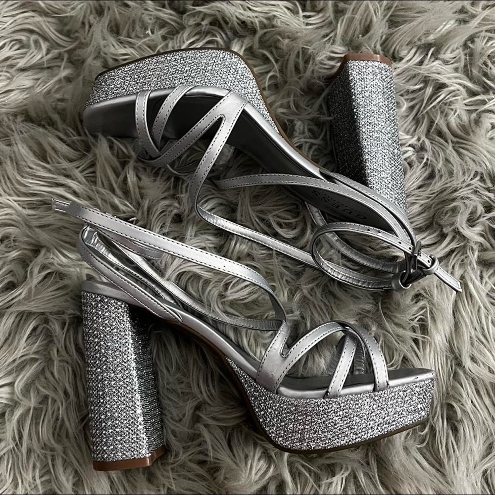 Guess Silver Strappy Platform Heels